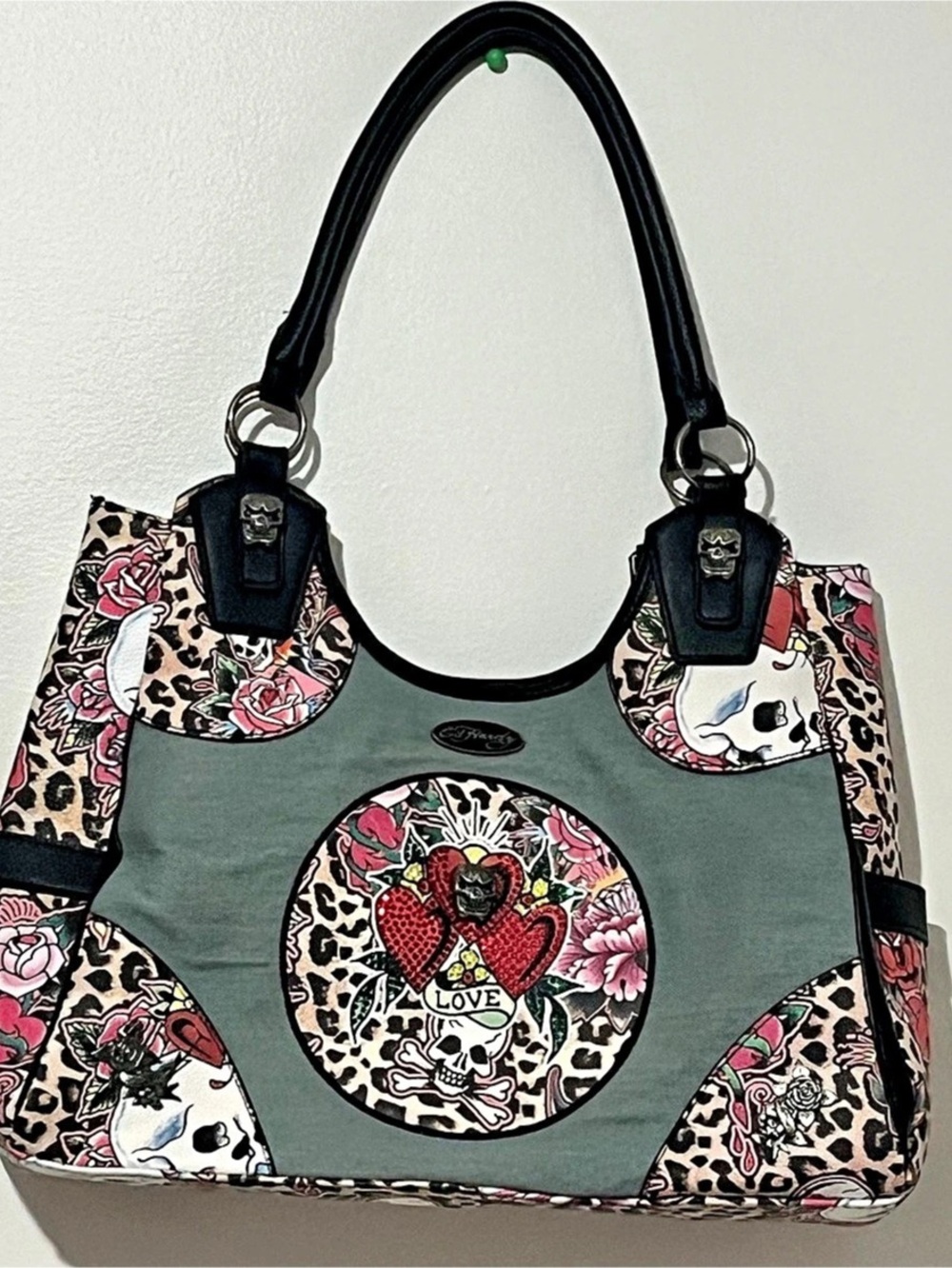 Ed Hardy Blue Floral Leopard Heart & Skull large Tote with Black Trim